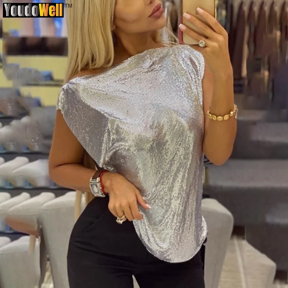 Women's Metal Sequined Backless T-Shirt, Round Neck, Slit Tops, Prom Party, Nightclub, Sexy Babes Show, Fashion, Summer, 2023