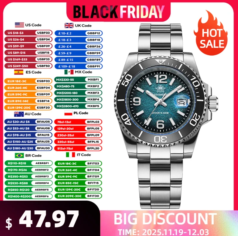 ADDIESDIVE 41mm 남성용 다이빙 시계 AD2513 200m 방수 316L 스테인레스 스틸 쿼츠 손목 시계 달력 BGW9 슈퍼 루미 너스