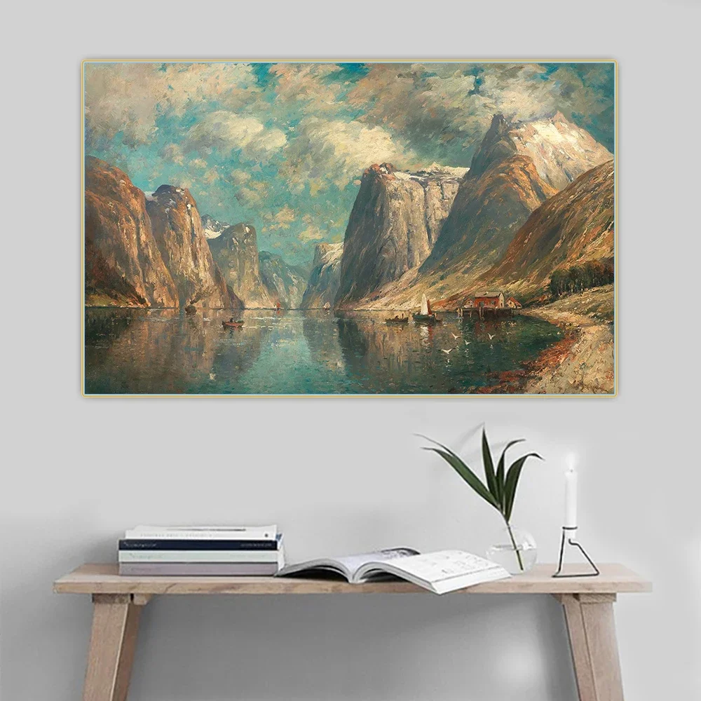 Adolf Kaufmann《Fjord Landscape》Canvas Oil Painting Art Aesthetic Poster Picture Wall Hanging Decor Home Living Room Decoration