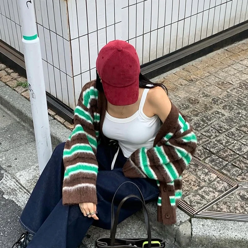 Harajuku مخطط سترة مشغولة من الصوف المرأة خمر سترة طويلة الأكمام ملابس خارجية الكورية المرقعة تريكو الشتاء فضفاض لاعبا #1