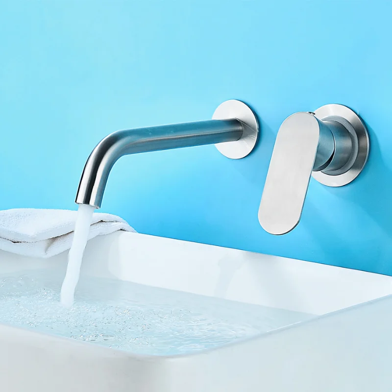 

304 brushed stainless steel basin faucet concealed into the wall hot and cold water set