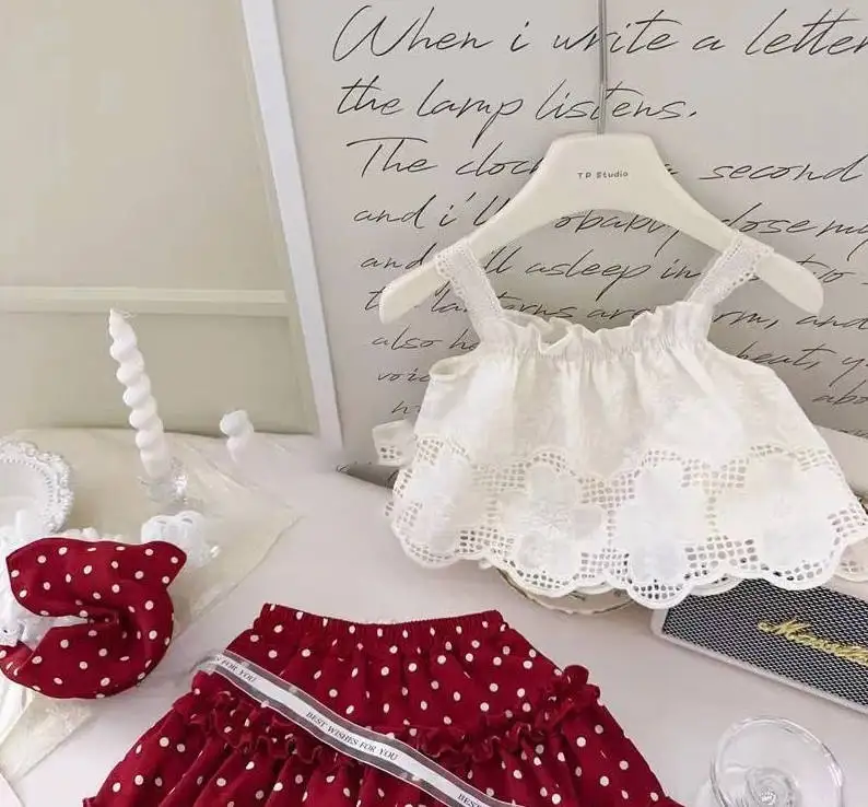 2025 New Strap Little Red Riding Hood Set Summer Cute Girl Hook Flower Western Style Tank Top Polka Pants Skirt Three Piece Set view 5