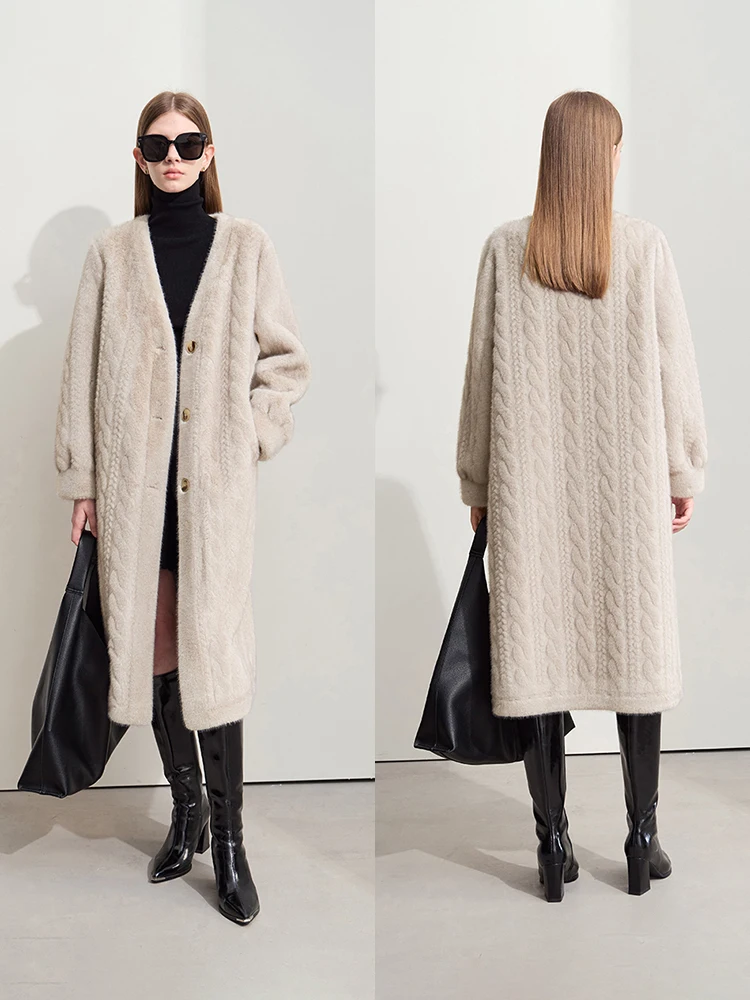 Verdicken Stricken Lose Mantel Frauen Volle Hülse Einreiher Mode Weibliche Strickjacke Winter Warme Lange Strickjacke Faux Nerz Oberbekleidung