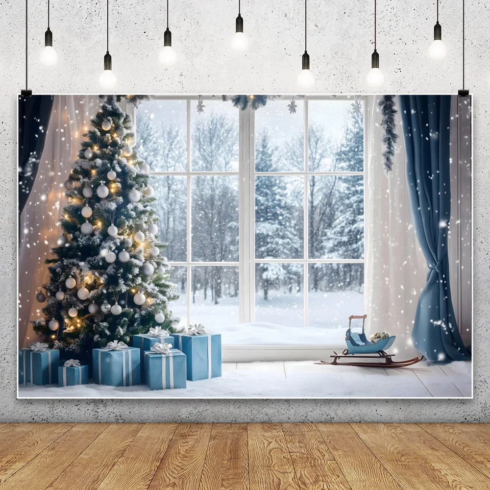 Christmas Window Backdrop Photography Blue Curtain Snowmen Baby Family Party Portrait Photographic Background For Photo Studio