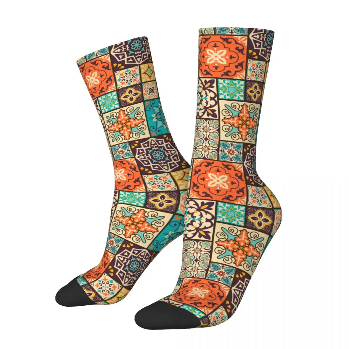 Arabic Indian Ottoman Motifs Moroccan Sports Socks Portuguese Spain Style Polyester Middle Tube Socks for Unisex Breathable