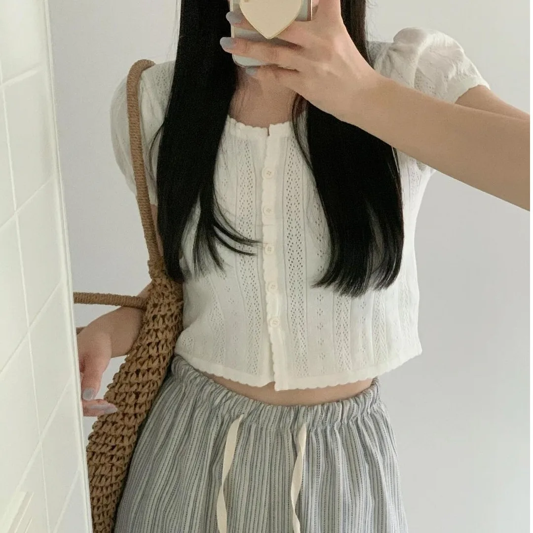 

Chic Sweet Summer New Sle Women's Knitted Sweater Hollow out ort Sve Open Cardigan Sweet Youthful Hook Flower Design