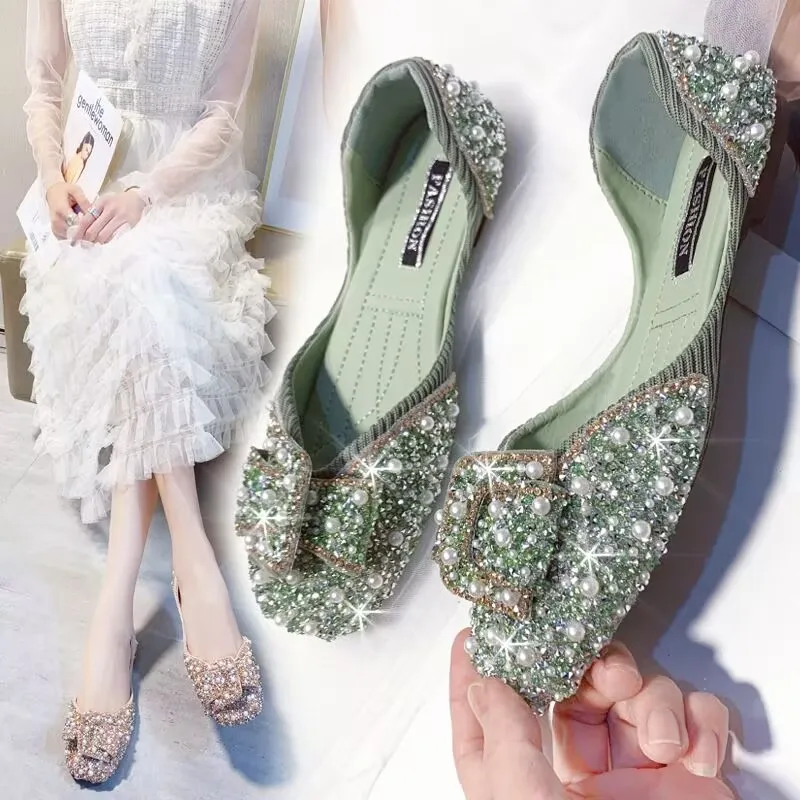

Woman Crystal Bowknot Flat Shoes 2025 Spring Summer Female Square-toed Soft Sole Shoes Girls Fashion Sweet Single Shoes
