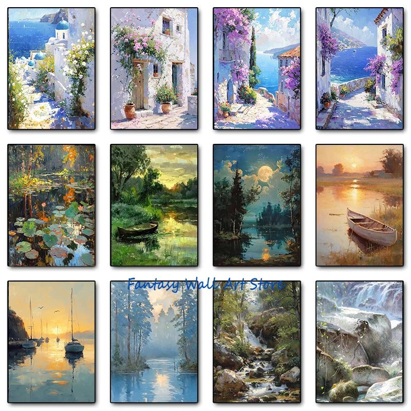 Mediterranean Scenery Lotus Pond Valley Stream Forest River Landscape Poster Canvas Painting Wall Picture Home Living Room Decor