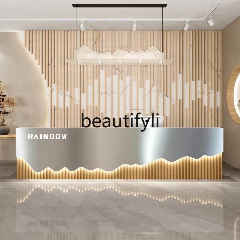 

Modern beauty salon checkout page gym, company front desk hotel, reception, stainless steel counter6005