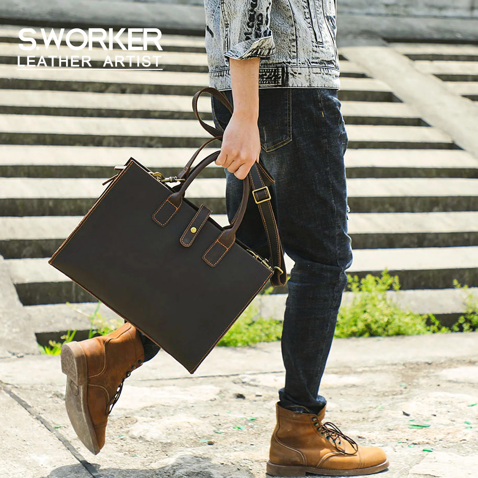 S.WORKER Handgefertigte Vintage-Leder-Aktentasche | Einfache Herren-Business-Handtasche 14" Laptop-Tasche – Detail 2