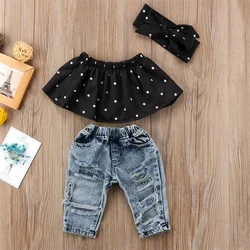 Toddler Baby Kid Girl Clothes Set Off Shoulder Tank Top Denim Jeans Pants Outfits Children Girls Costumes Summer