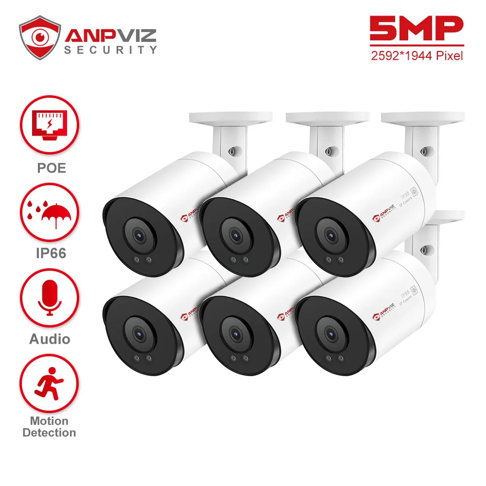 

Anpviz 5MP Bullet POE IP Camera 6PCS Outdoor Security Video Camera 30m IR With Audio Motion Alarm IP66 H.265 Danale Built-in Mic