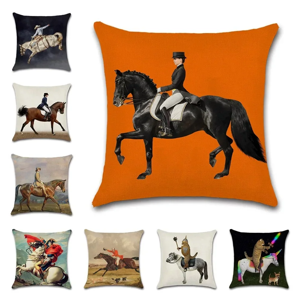 Double-Sided Rider Horse Painting Animal Cushion Cover Funny Equestrian Art Pillowcase Elegant Living Room Sofa Home Decor