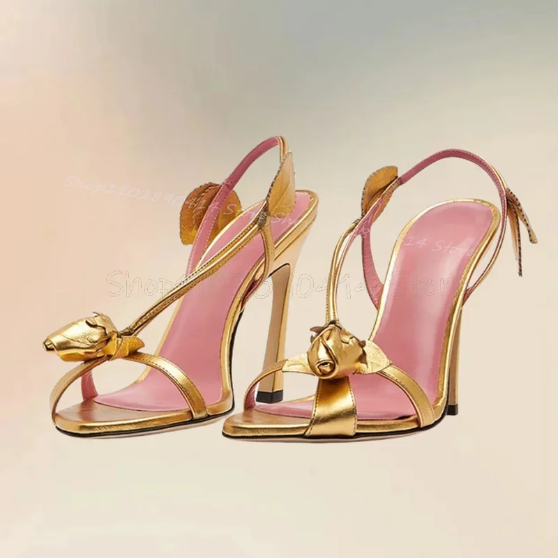 

Gold Flower Foliage Pattern Open Toe Sandals Slip On Women Shoes Thin High Heels Fashion Party Banquet 2025 Zapatos Para Mujere