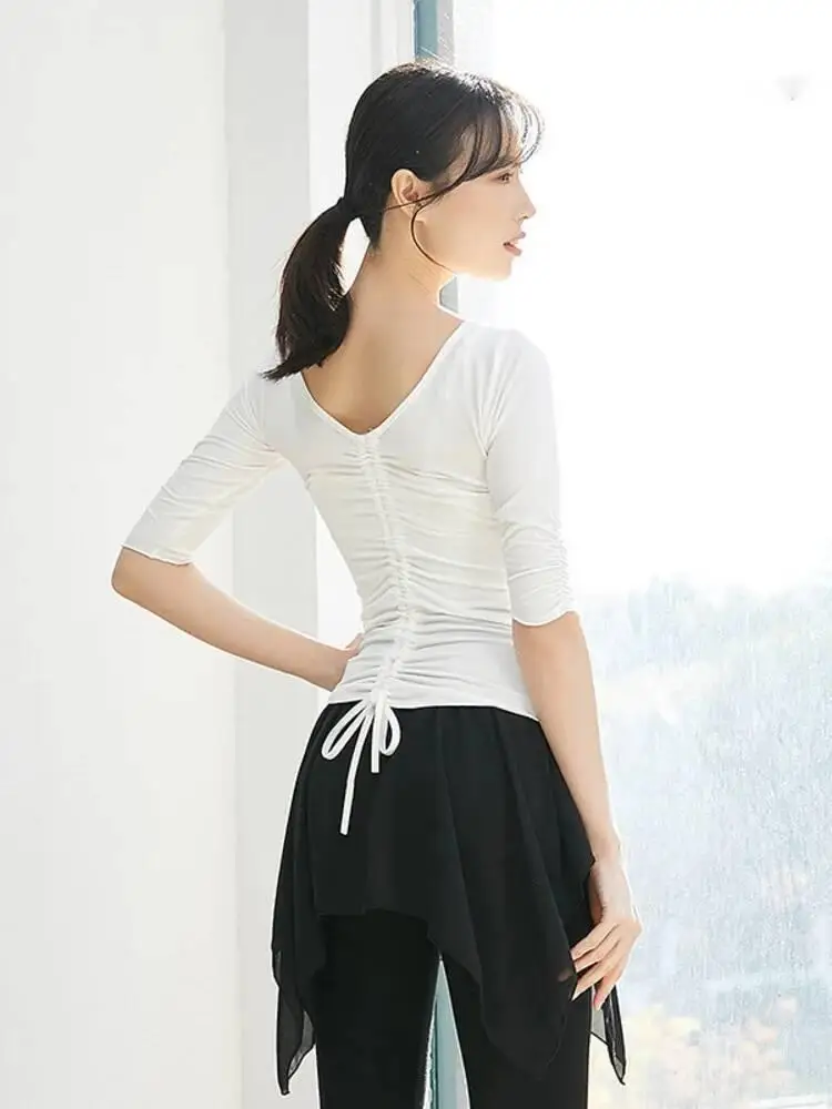 Damska koszulka do tańca klasycznego z dekoltem w serek, sznurkiem, krótkim rękawem, jednolity kolor, kostium, chiński ludowy strój sceniczny, na próbki i ćwiczenia.