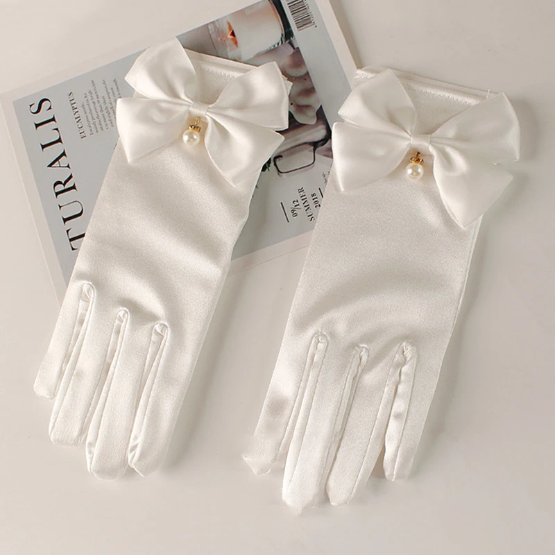 

White Romantic Bridal Short Satin Gloves Girl Formal Tea Party Elegant Dress Pearl Wrist Bow Gloves Wedding Accessories