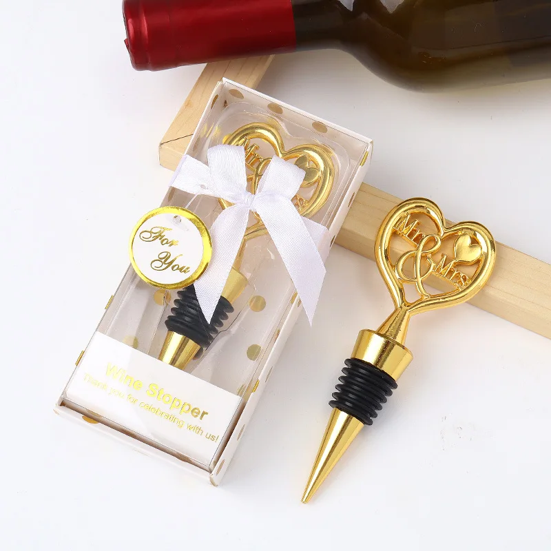 10PCS x Wholesales Mr.&Mrs. Gold/Silver Wine Stoppers in Gift Box Wedding Favors Unique Red Wine Bottle Stopper Party Souvenirs