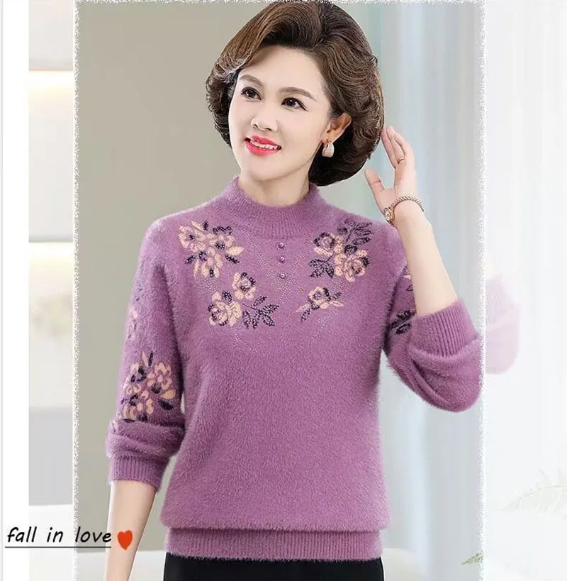 Maglione da donna alla moda Nuovo autunno inverno Camicia con fondo simile al visone Pullover lavorato a maglia Maglioni lavorati a maglia per madre di mezza età femminile