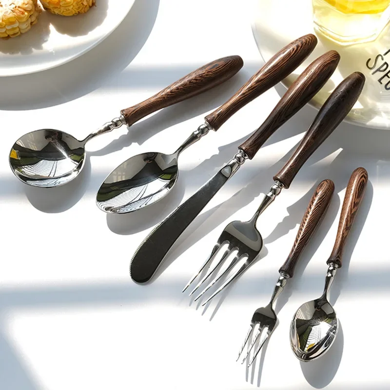 4/6-Piece 18/8 Stainless Steel Flatware/Cutlery Set, Fork Knife Spoon Set with Wood Handle, Serving Utensil Set