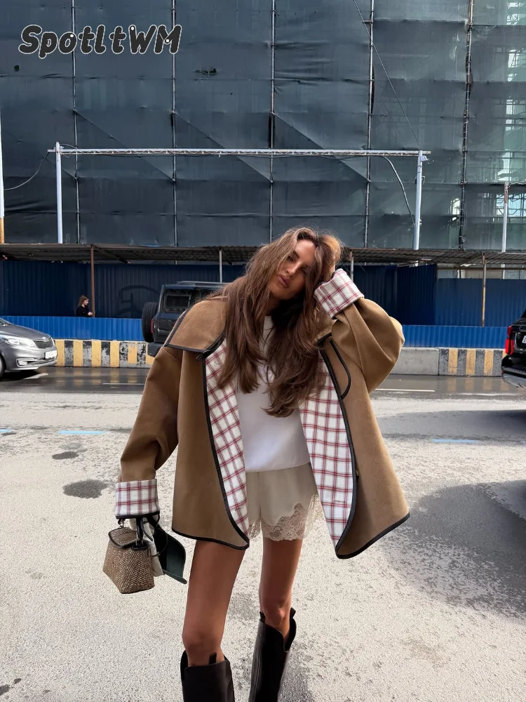 Women's Plaid Lining Coat Oversized Wide Lapel Open Front Jacket Contrast Edge Trim Loose Casual Autumn Winter Street Outerwear