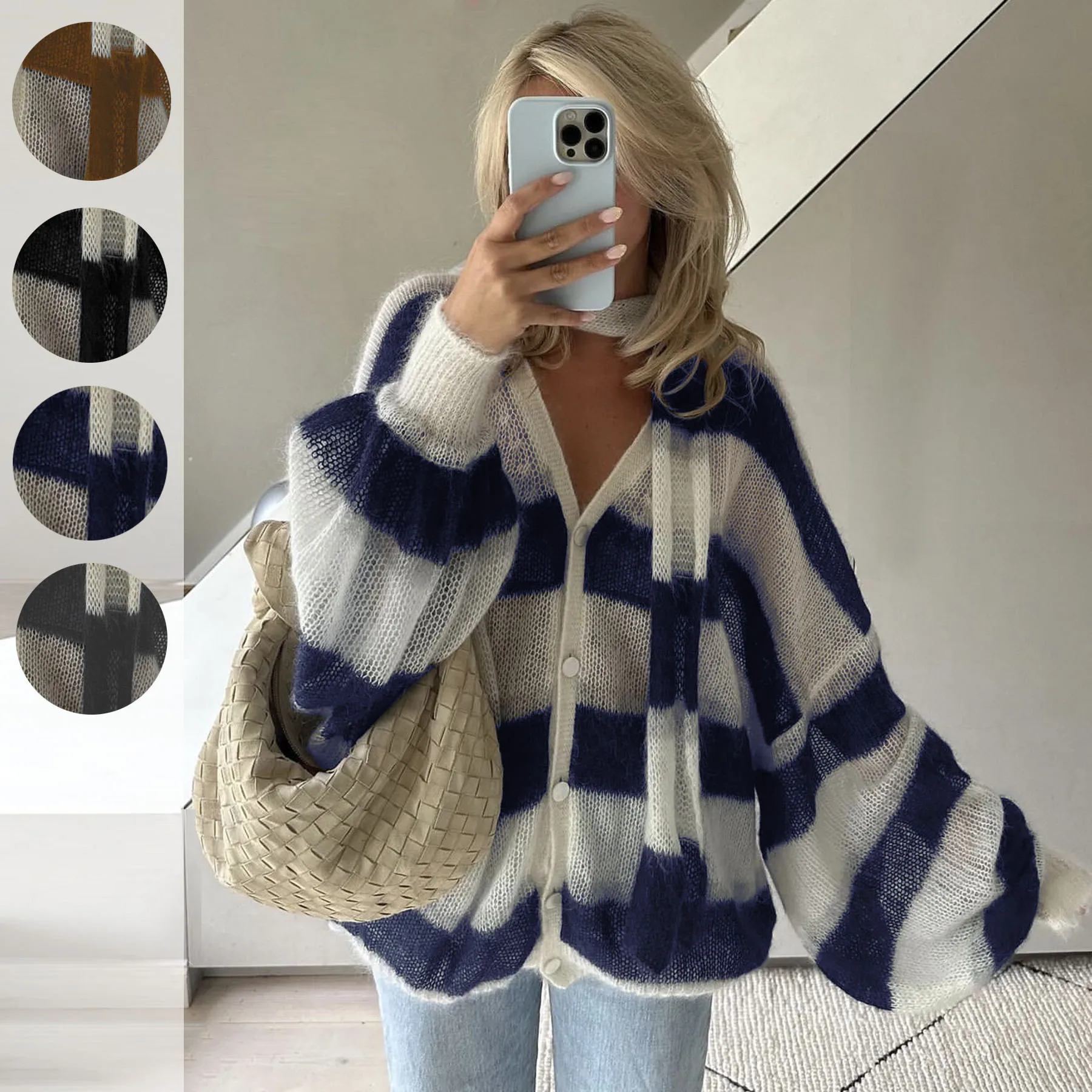 Chic Contrast Striped Women's Knit Cardigan with Scarf Casual V Neck Lantern Sleeved Sweater Coat 2024 New Lady Fashion Knitwear