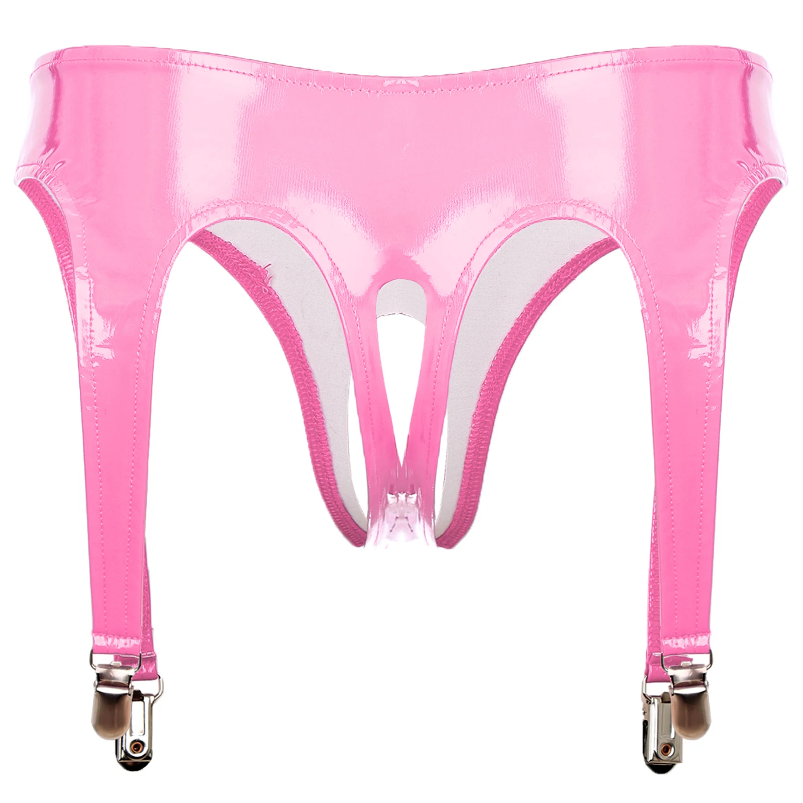 Womens Wet Look Patent Leather Briefs Sexy Crotchless Panties Underwear with Garter Clips Open Crotch Thong Lingerie