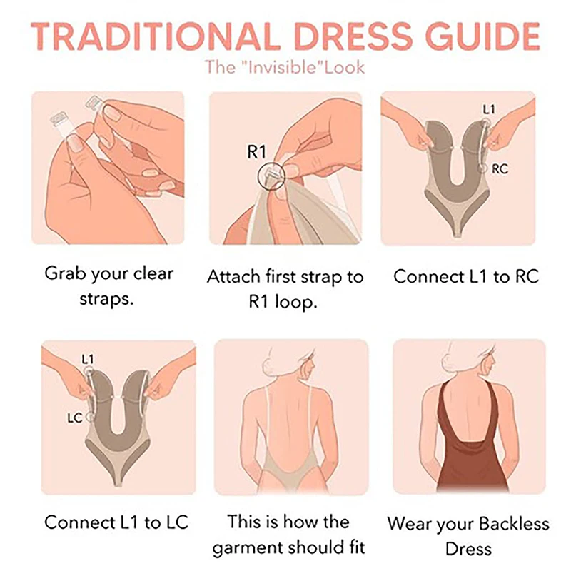 Full Body Shapewear Deep V-Neck Body Shaper Backless U Plunge Thong Underwear Women Clear Strap Padded Push Up Corset Invisible