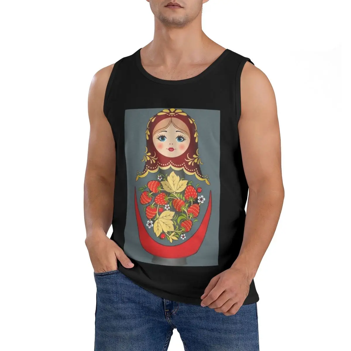 100% Cotton Matryoshka Russian Nesting Doll Sleeveless T-Shirt Men Workout Sports Clothing Tops Men's Crew Neck Vest