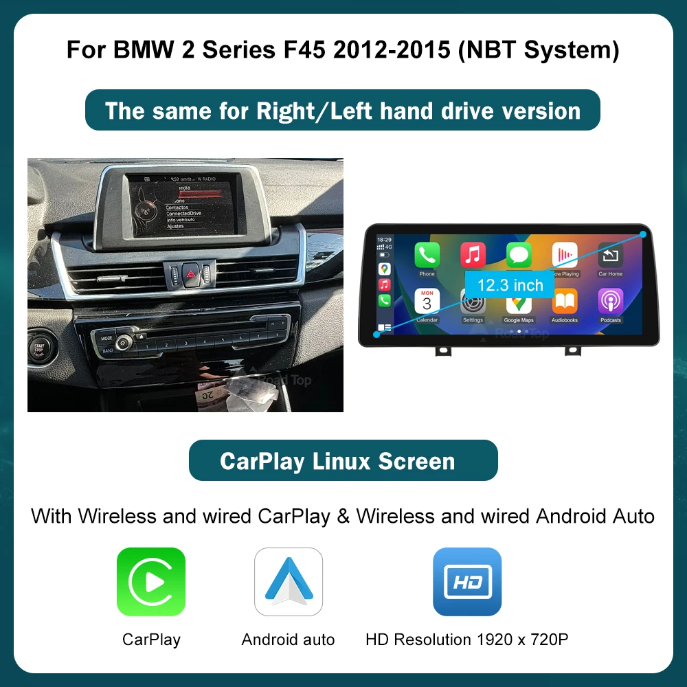 DE 12.3 RoadTop Wireless CarPlay Android Auto Multimedia Linux Scherm voor BMW Serie 1 2 F20 F21 F22 F23 F45 F46 2012-2018