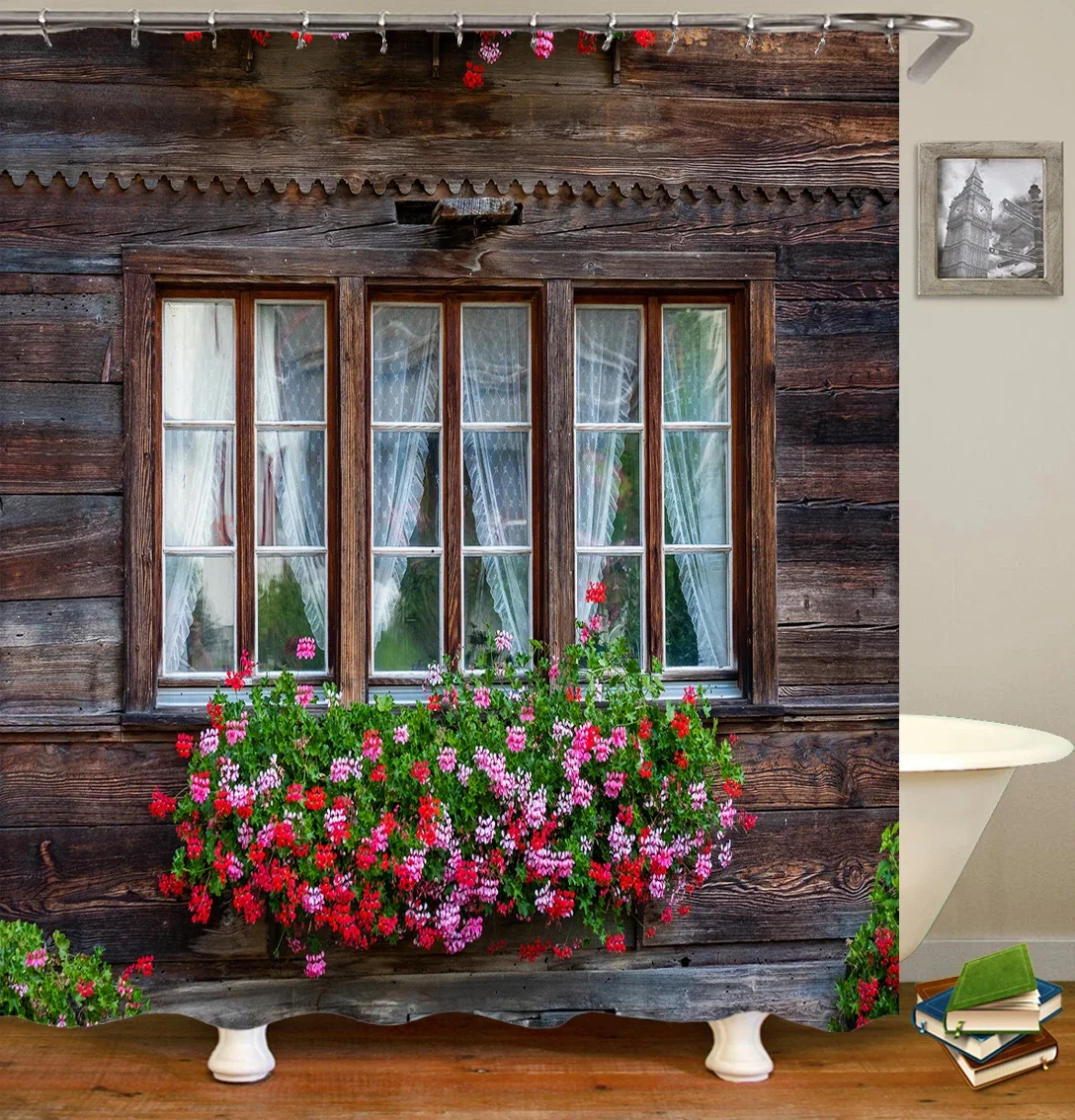 Rustic Shower Curtain Doors of An Old Rock House with French Frame Details in Countryside European Past Fabric Bathroom