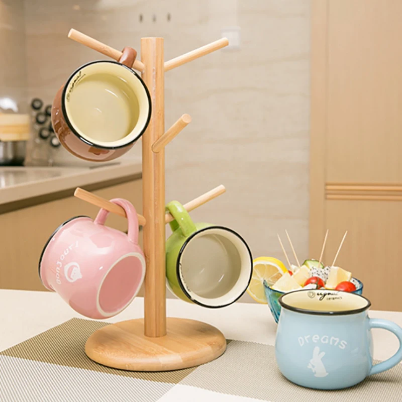 Tree Shape Wood Coffee Tea Cup Rack Storage Holder Stand Home Kitchen Mug Hanging Display Drinkware Shelf With 6 Hooks