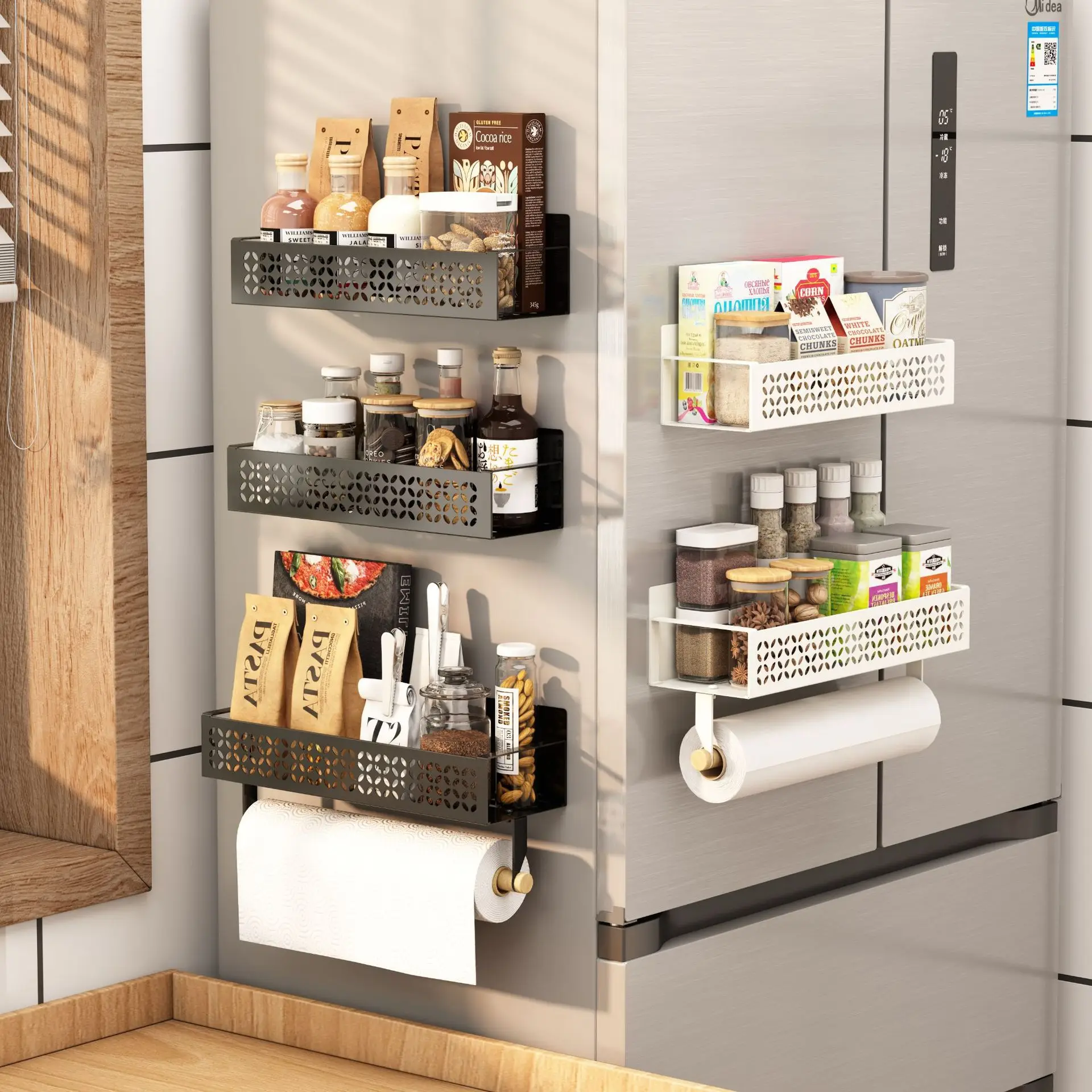 

2Pcs Magnetic Kitchen Storage Rack Fridge Shelf Spice Organizer No Drilling Refrigerator Magnetic Holder Space Saving