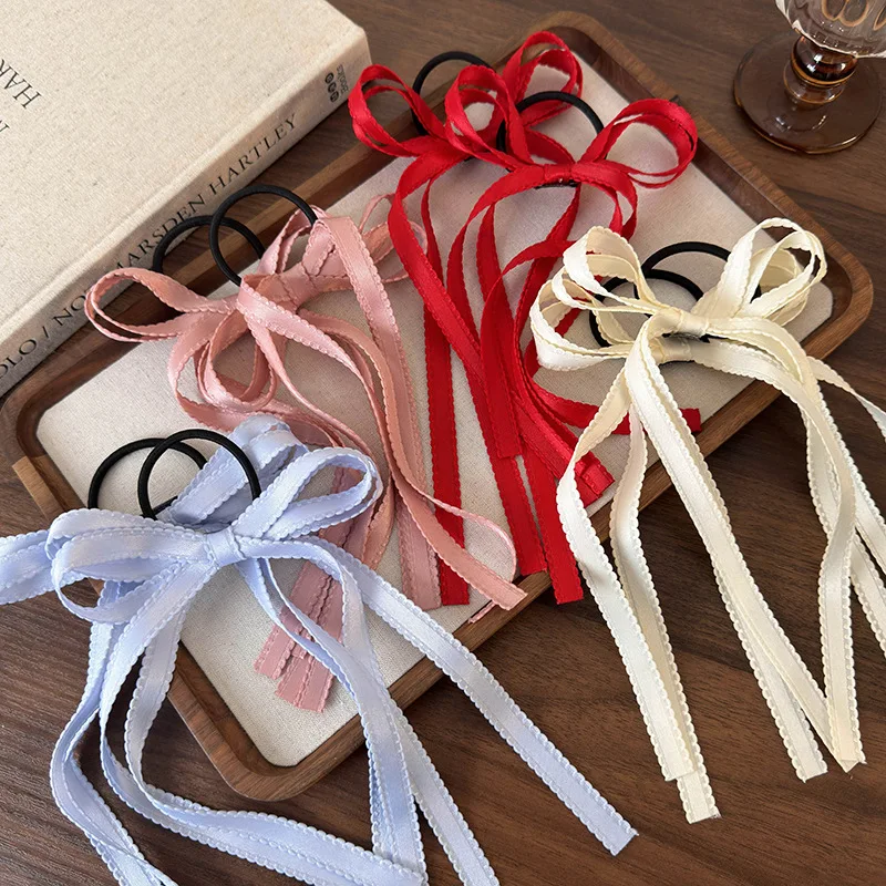 Ribbon Bow Elastic Headband Hair Rope Ties Long Tassel Bowknot Hair Scrunchies Ponytail Holder Rubber Bands Hair Accessories 1pc