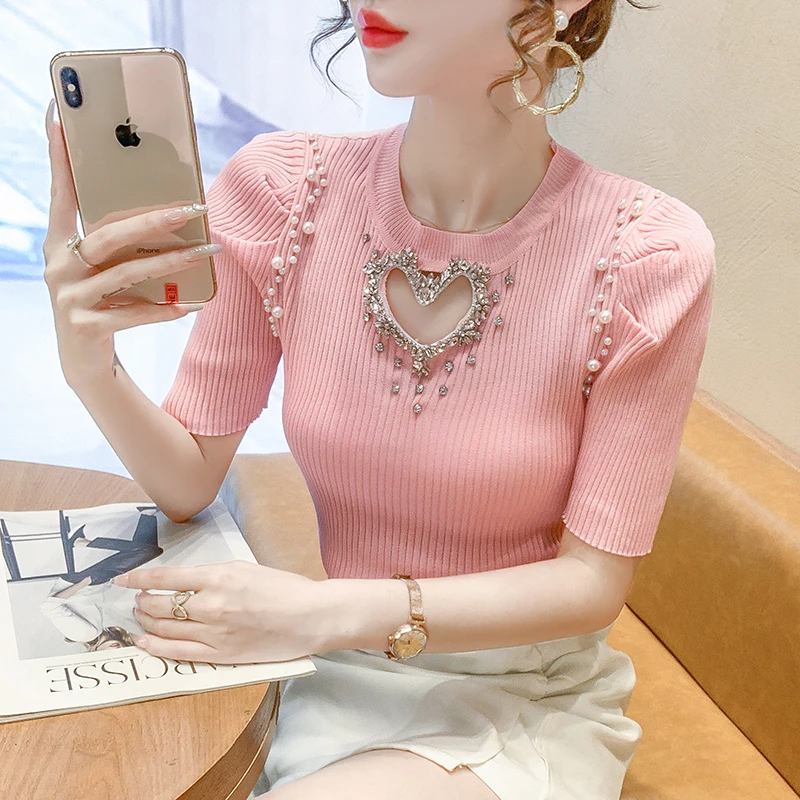 

Summer Elegant Diamond Pearl Beading Short Pullover Sweater Fashion Thin Elastic Knitted Puff Short Sleeve O-Neck Knitwear