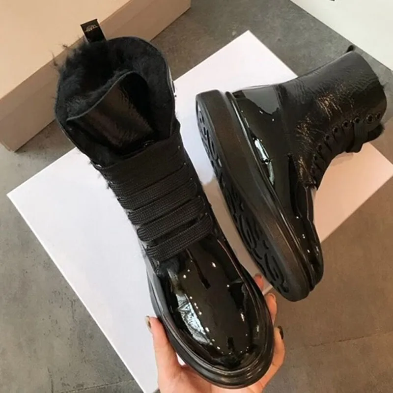 Silver Bling Wool Fur Lace -Up Snow Boots Round Toe Thick Sole Winter Fur Booties Patent Leather Women Fur Shoes