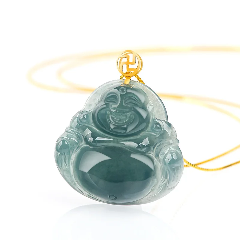 High-Grade Natural a Cargo Blue Water Big Belly Buddha 18K Gold InlaidJade Stone Women's Pendant