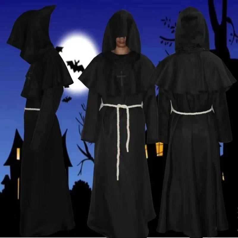 Halloween Zauberer Cosplay mittelalter lichen Mönch Kapuze Robe Kostüm Maske Hut für Männer Steampunk Priester Horror Maskerade Unisex Umhang Umhang