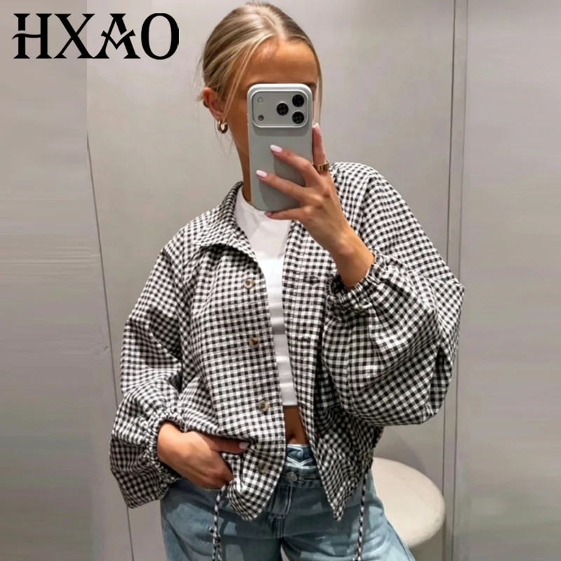 HXAO Karierte Oversized Cropped Jacke Damenjacke Herbst 2026 Lässige Lose Knopf-Langarm-Oberteile Schicke Oberbekleidung Outdoor-Mäntel – Detail 3