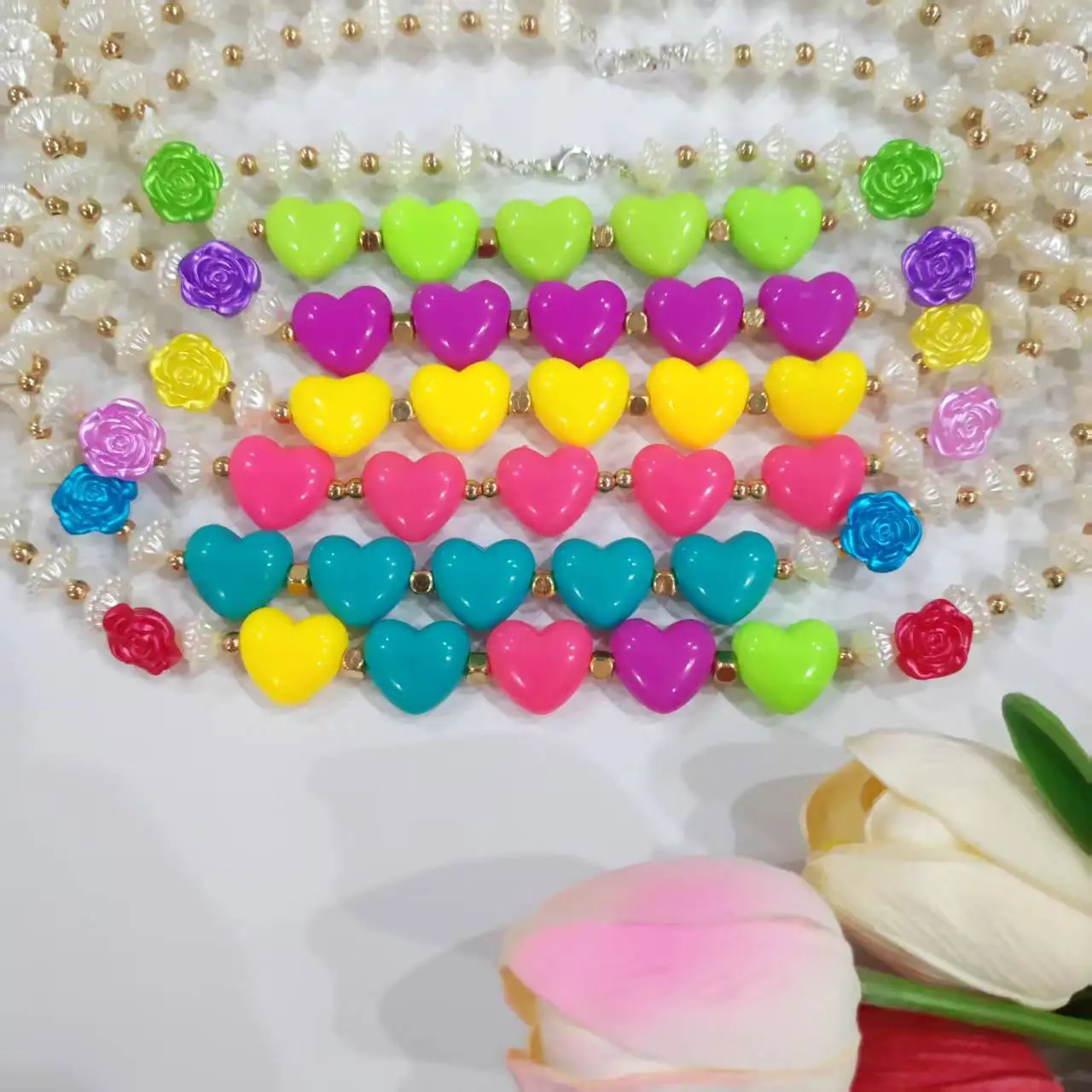 

Colorful Rainbow Love Beaded Necklace Heart Pendant Handmade Charm Pearl Collarbone Chain Women Girl Valentine's Day
