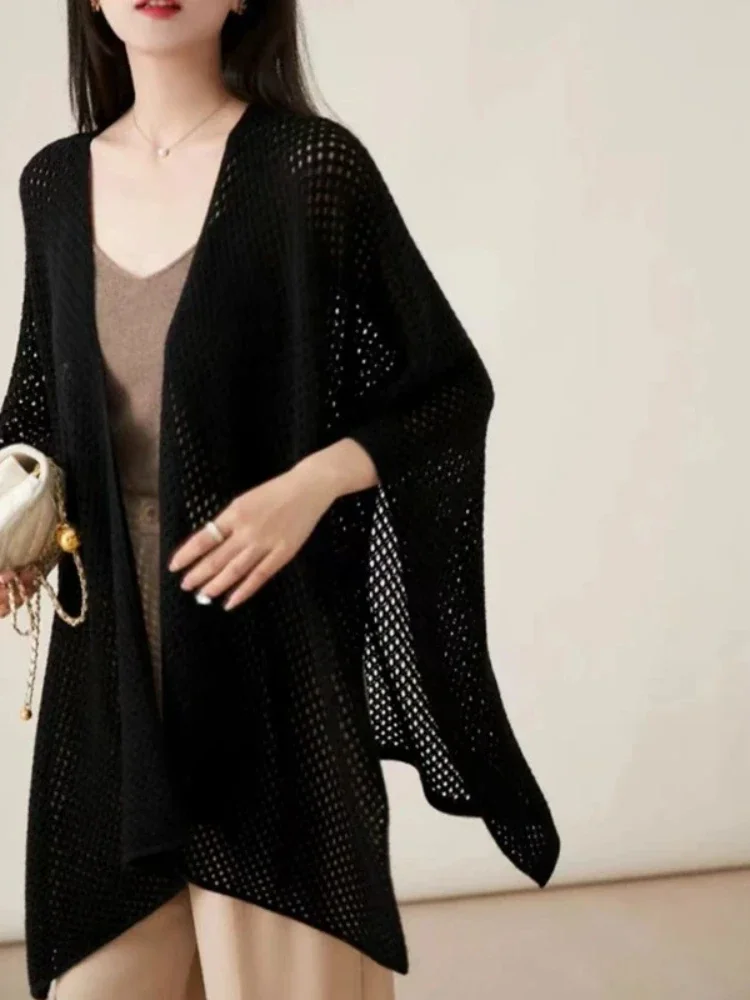 

2025 Spring Elegant Solid Color Knitted Ponchos Casual Loose Shawl Coat Autumn Hollow Out Women's Cardigan Capes Fashion Women