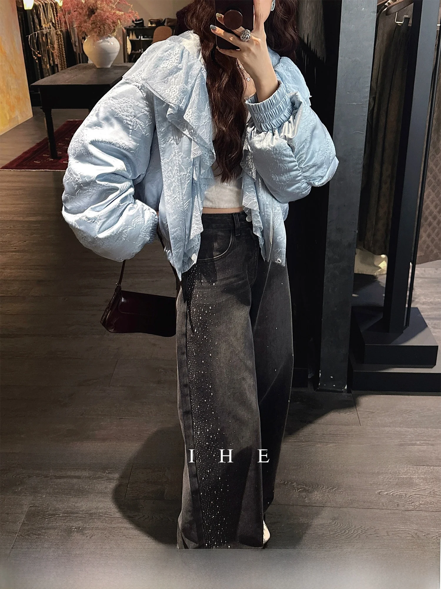 

New 2025 Bla Floral Embellied Wide Leg Micro Flared Jeans Women's Casual High Waist Cotton Denim Pants Skin-friendly Brea...