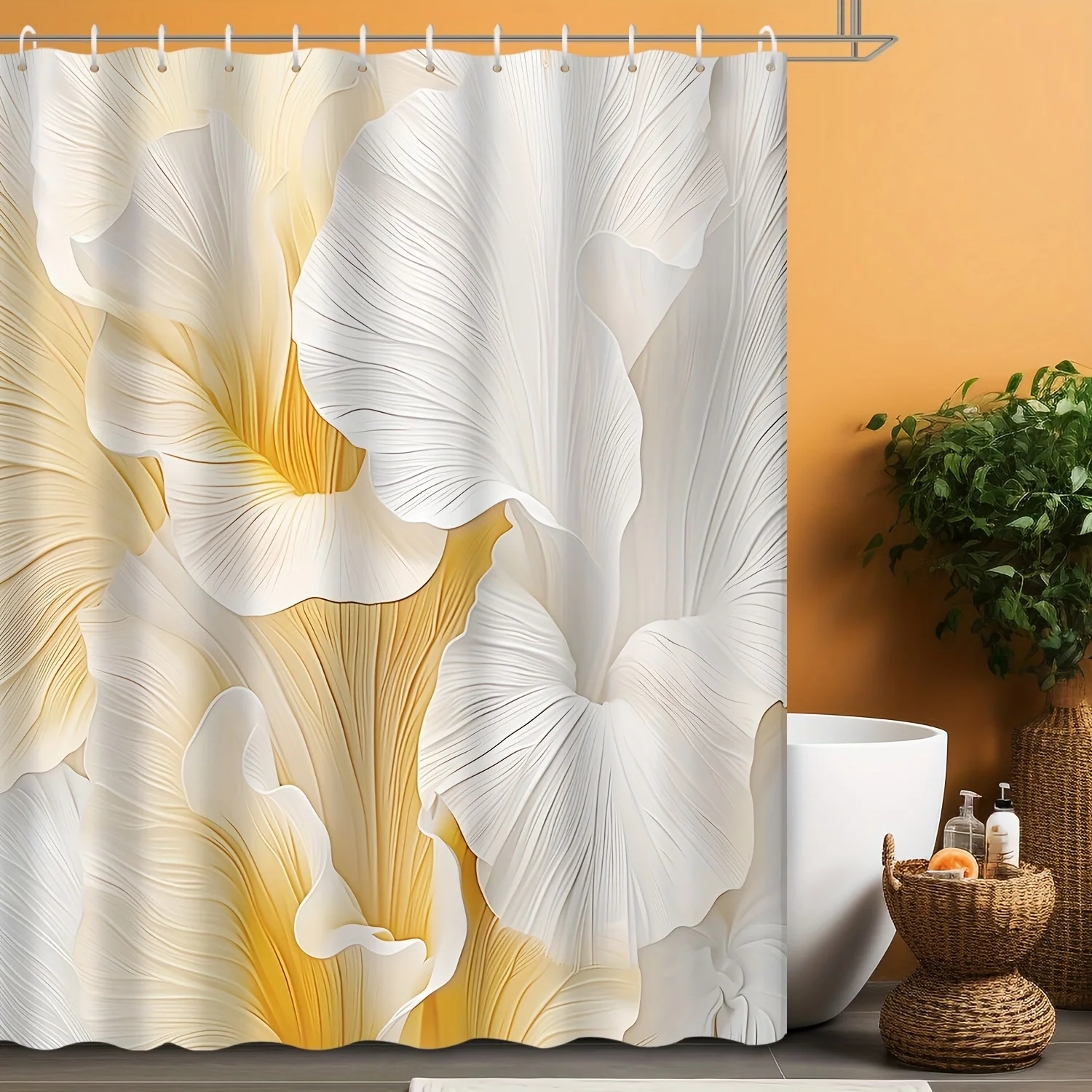 

1pc Yellow and white floral print shower curtain, machine washable, with hooks, perfect for bathroom decoration