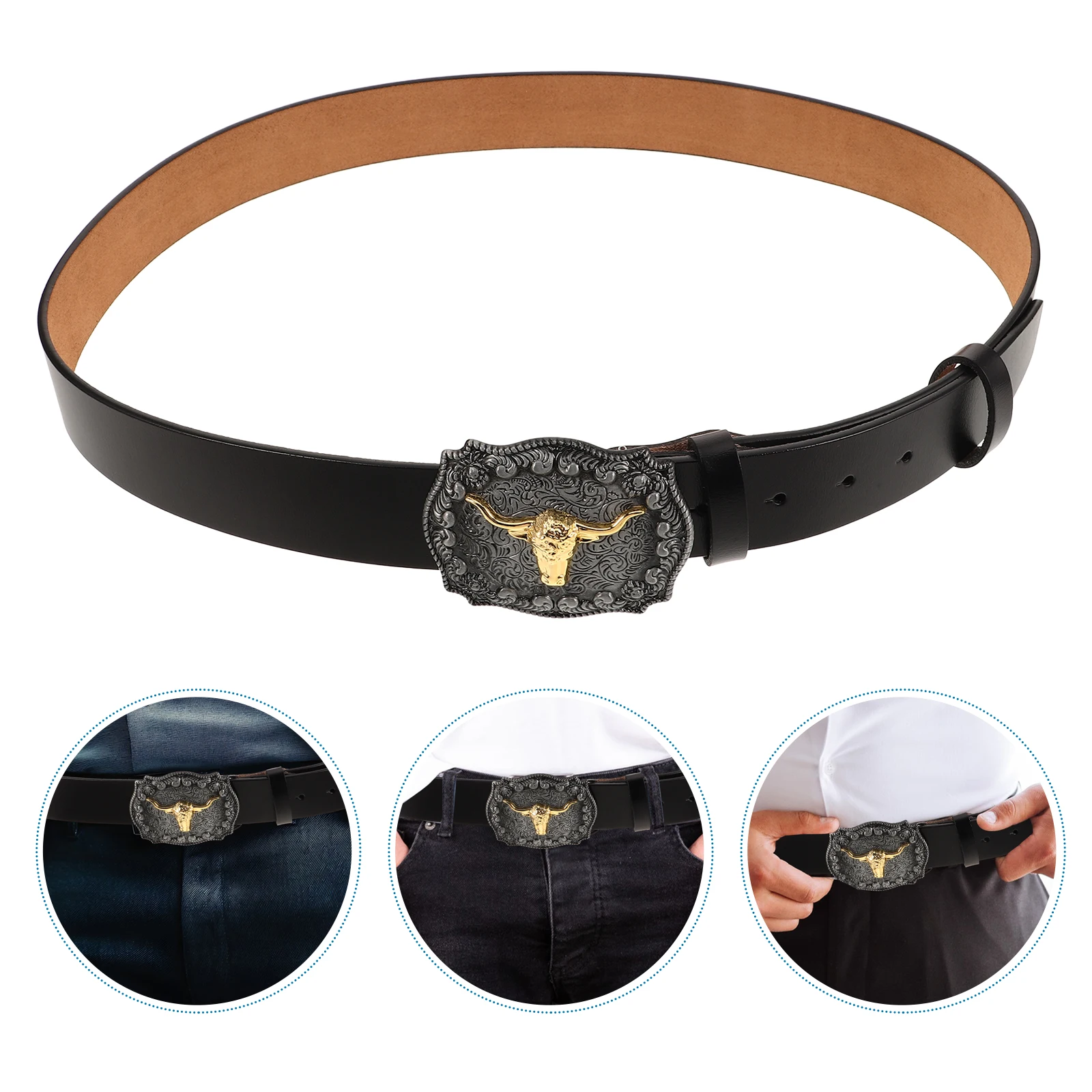 

Cowboy For Men Bull Head Buckle Western Cattlehide Adjustable Mens Jean Vintage Style Black Mens Decorative Belt Costume