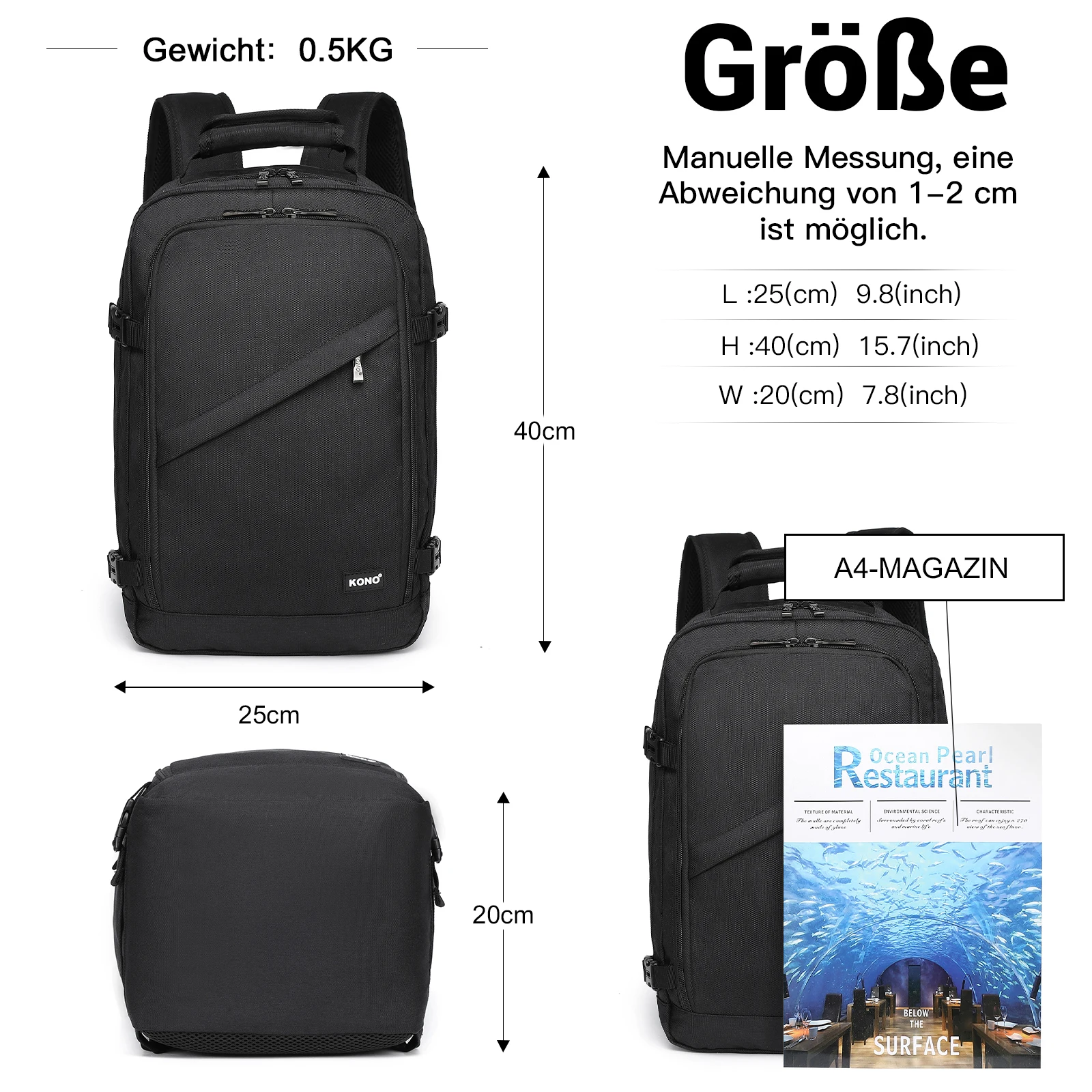 Kono Cabin bag 40x20x25 cm for Ryanair Under Seat hand luggage Backpack, Cabin Size 20L Black Minimalist