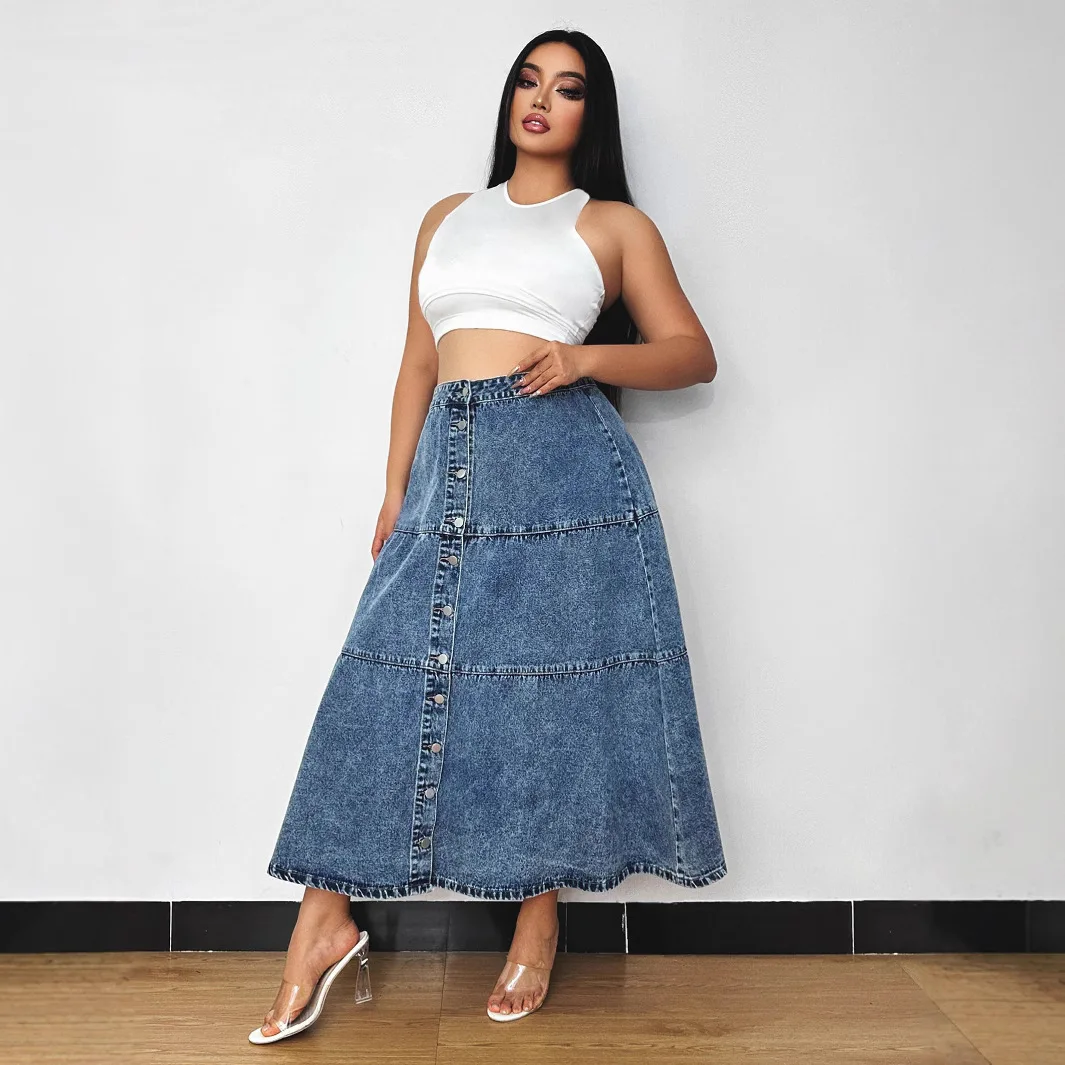 Falda vaquera de retazos en capas de talla grande para primavera y verano. Falda larga de cintura alta con diseño de una sola botonadura a la moda para mujer