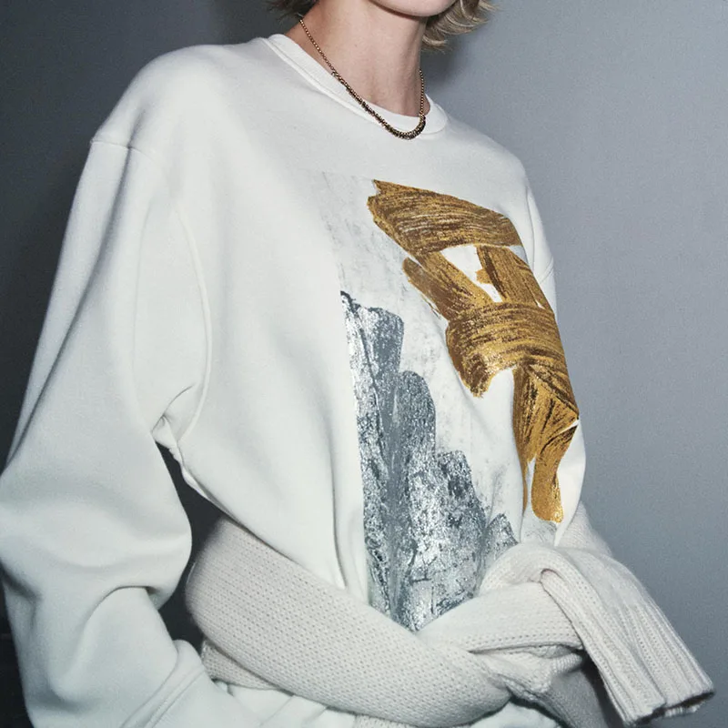 新しい秋の女性のゆったりとした長袖ピュアカラープリントスウェットシャツカジュアルシンプルなスタイル快適なフィット感ストリートウェアトレンド