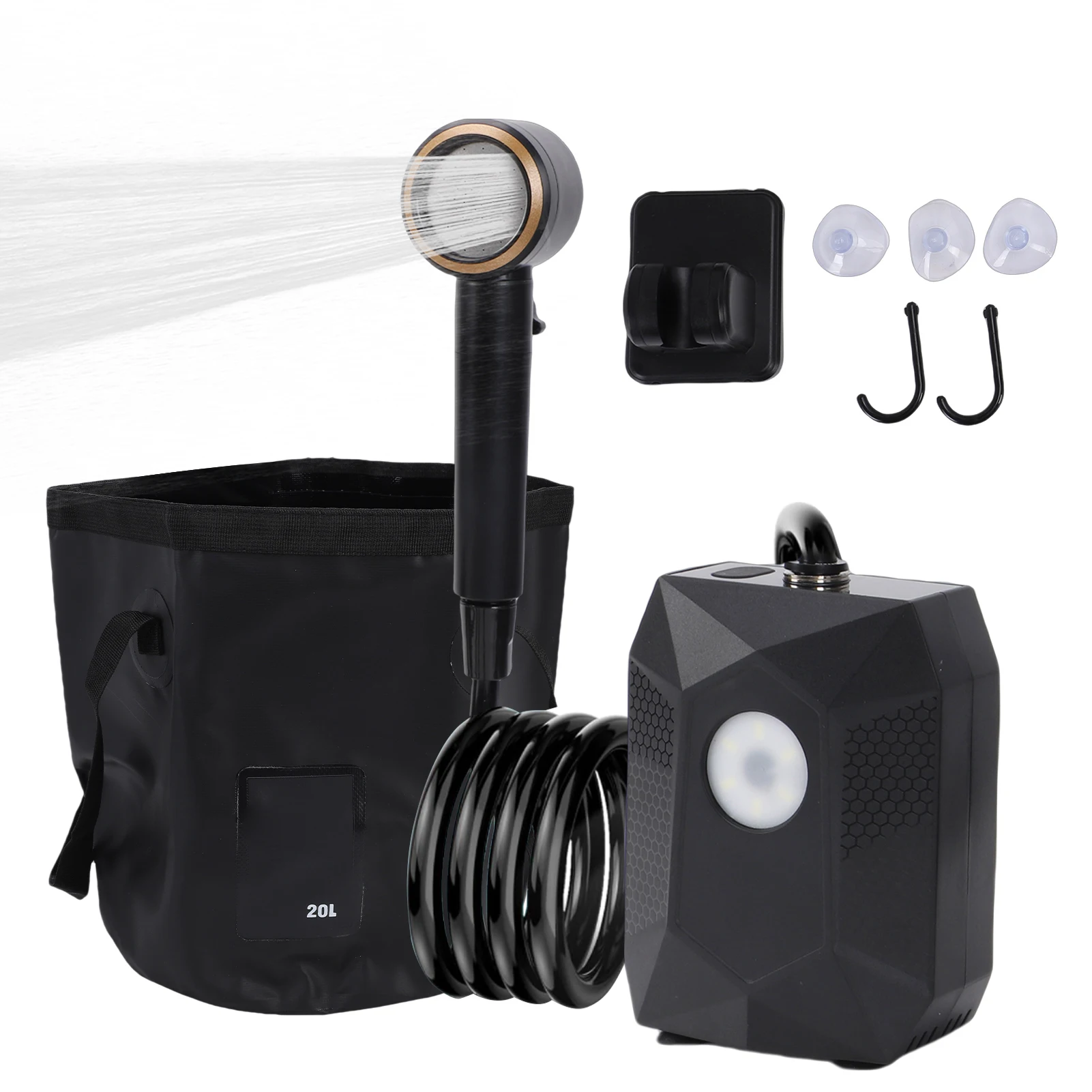 Portable Shower Camping Light Pump 5 Levels Rechargeable Outdoor Shower Kit 20L Foldable Bucket LED Display 6000mAh for Camping