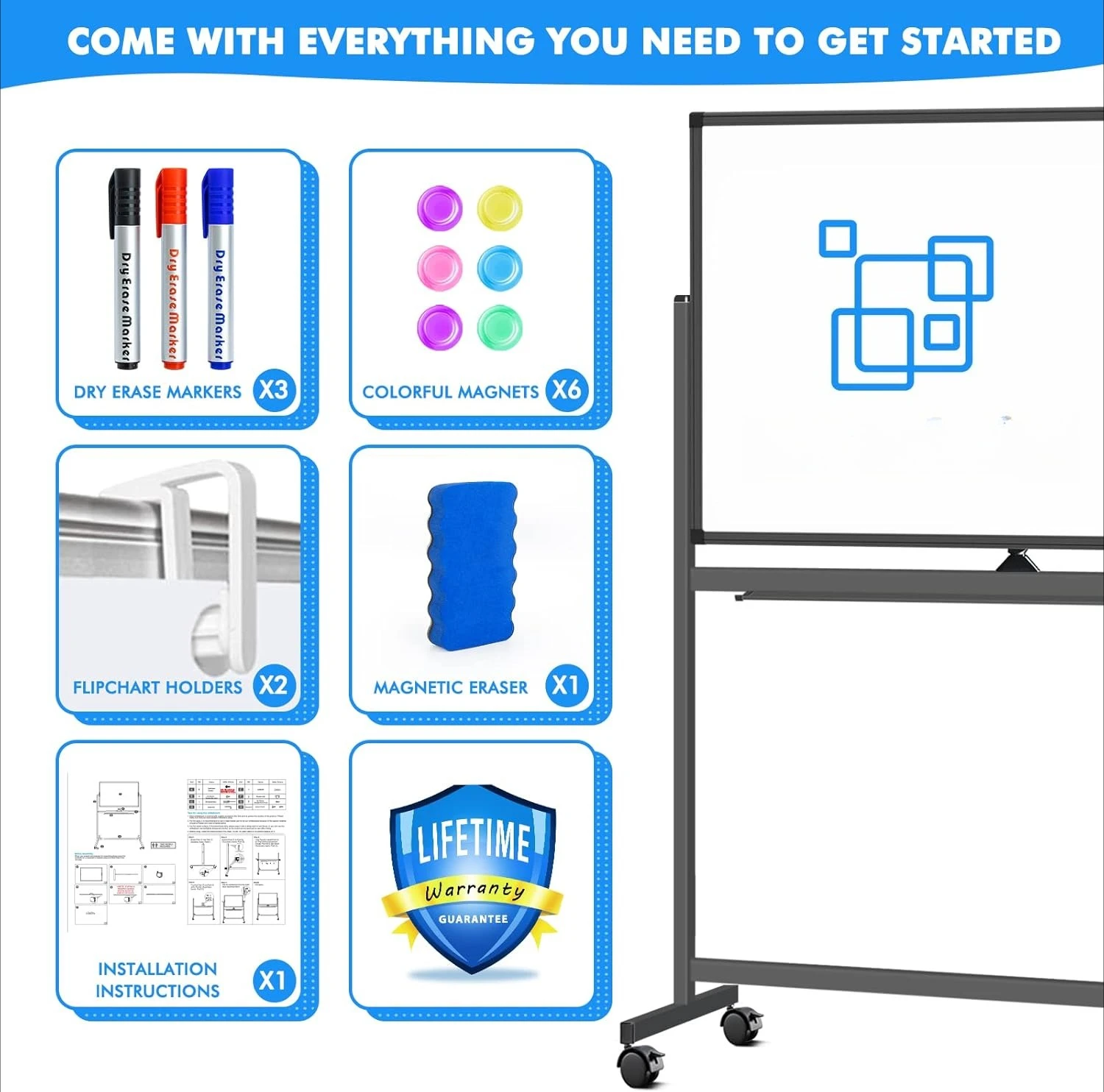 롤링 화이트보드 48 x 32, 양면 이동식 화이트보드, 대형 휴대용 자석 화이트보드 스탠드 포함 - 핫 세일