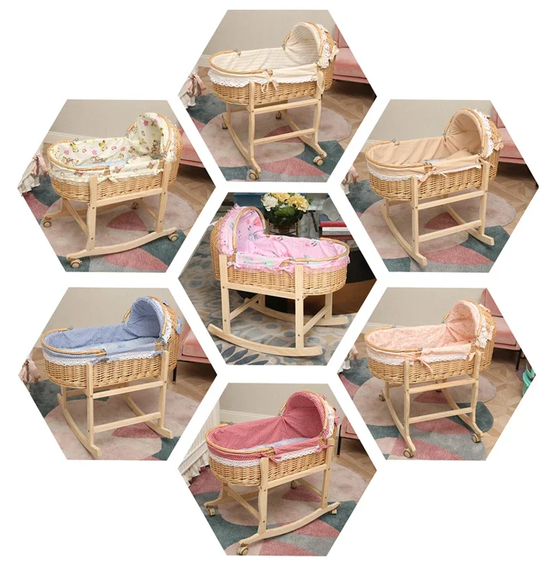 2024 New Upgrade Wooden Portable Baby Cradle Bed with Roller Baby Rocker 360 Degree Rotating Wheel Newborn Baby Crib 0-24M