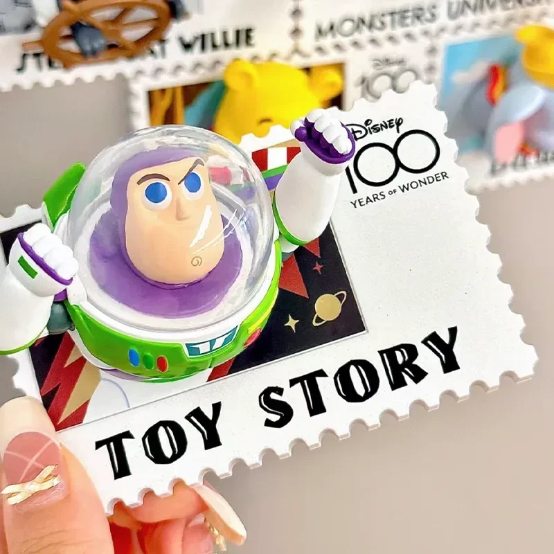 MINISO Disney-caja ciega con sello de 100 ° aniversario, serie Buzz Lightyear, Mickey Mouse, imán de nevera creativo en movimiento, juego de marea